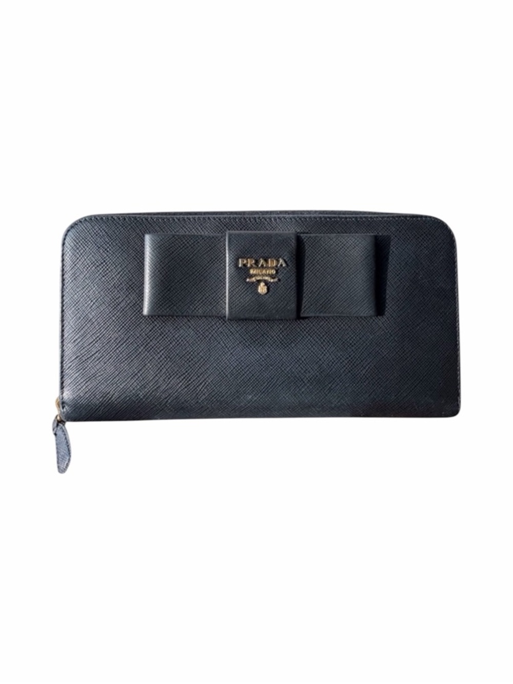 Prada Black Bow Saffiano Zip Around Continental Wallet Gold tone Hardware